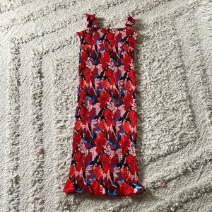 Shirred floral bodycon dress with ruffle details size Medium
